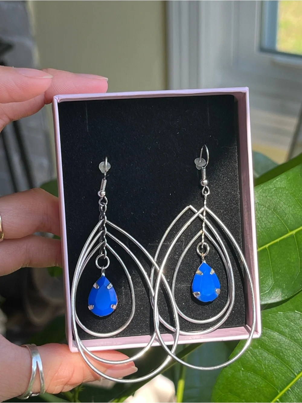 Silver Teardrop Earrings with Cobalt Blue Stone, maybe vintage